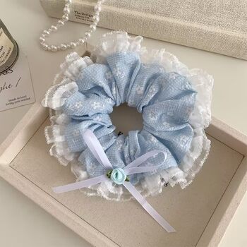 light blue Small Fresh Lace Lace Flower Bow Large Intestine Hair Ring Sweet Pony Tail Ball Head Hair Rope Hair Accessories for Women