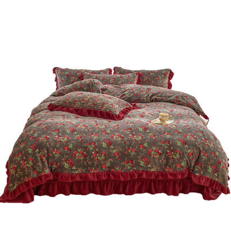 French Retro Milk Velvet Bed Cover Lace Four-Piece Winter Wedding Red Coral Velvet Quilt Cover Plus Cotton Bed Sheetss