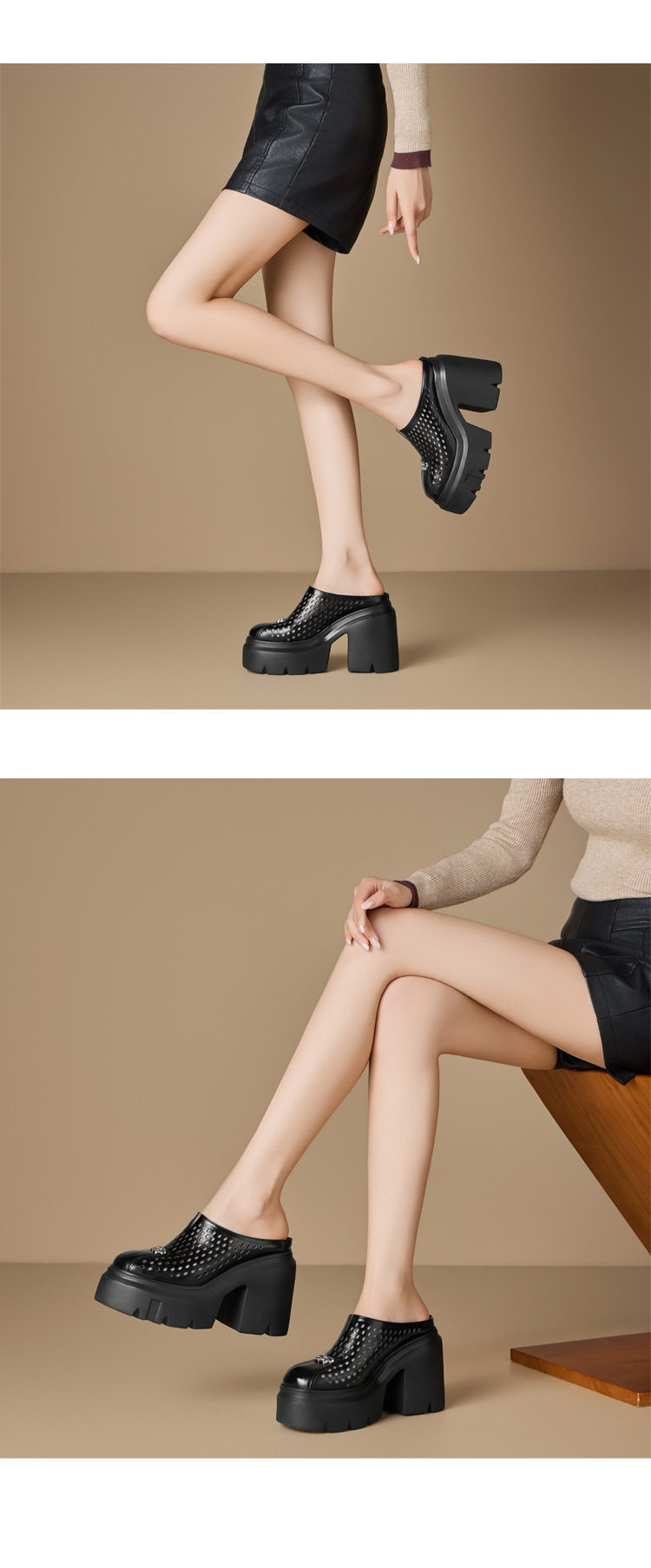 Dép cao gót nữ đế xuồng platform mũi kín hở gót 12 cm — [Trắng kem], [Đen] chi tiết 4