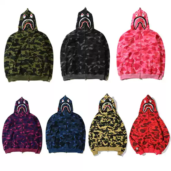Cross-border Foreign Trade Trendy Brand Shark Sweater Men's and Women's Embroidery Camouflage Printing Autumn and Winter fleece-lined Cardigan Hooded Jacket