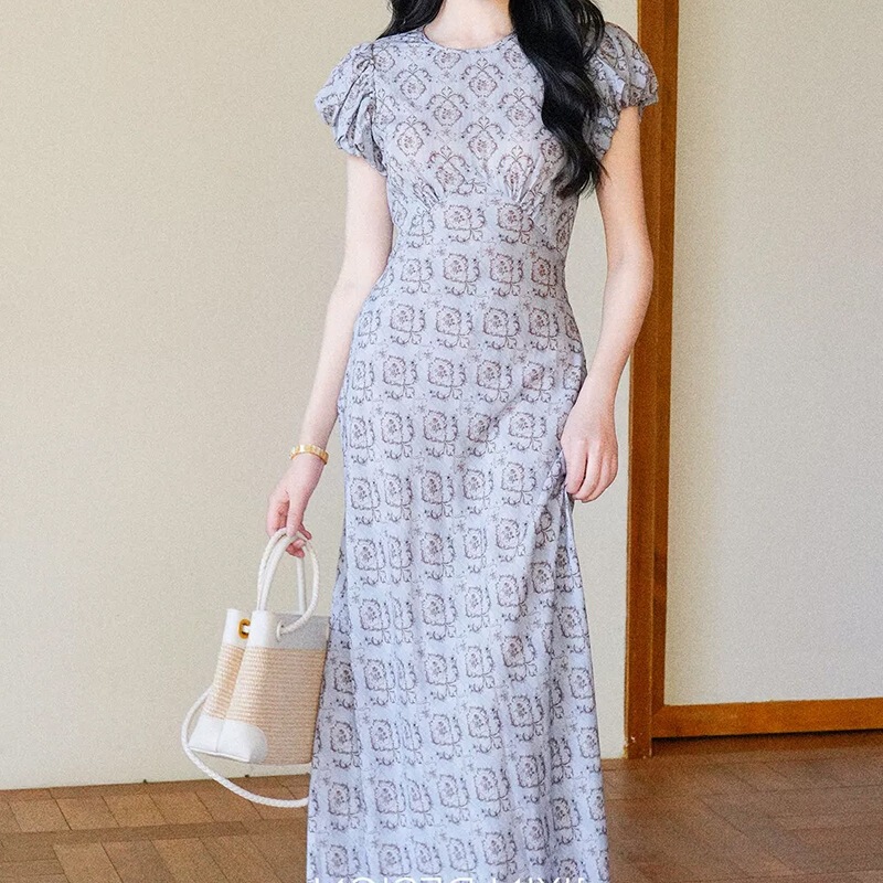 Đầm hoa nhí dáng dài cổ tròn tay bồng chiết eo phong cách thanh lịch — Váy liền màu đỏ, Váy liền màu vàng, Váy liền màu xanh dương