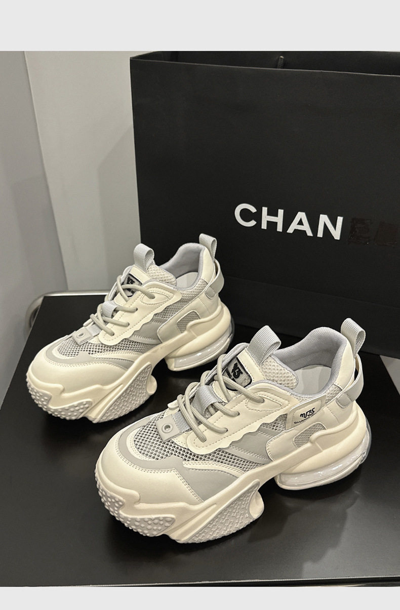 Giày sneaker nữ chunky đế dày da bò thật phối lưới thoáng khí, gót siêu cao 8 cm, tăng chiều cao — Trắng, đen, Xám, Hồng chi tiết 12