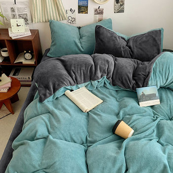 Double-Layer Milk Velvet Four-Piece Set, Coral Fleece Bed Sheet, Duvet Cover, Fitted Sheet, Student Dormitory Three-Piece Set, Warm Four-Piece Set