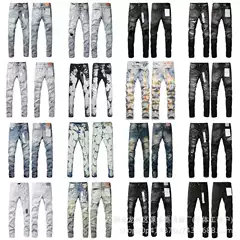 Cross-Border High-End Version Exclusively for American Fashion Purple Washed Vintage Skinny Jeans with Holes and Splatter Paint, Wholesale in Stock