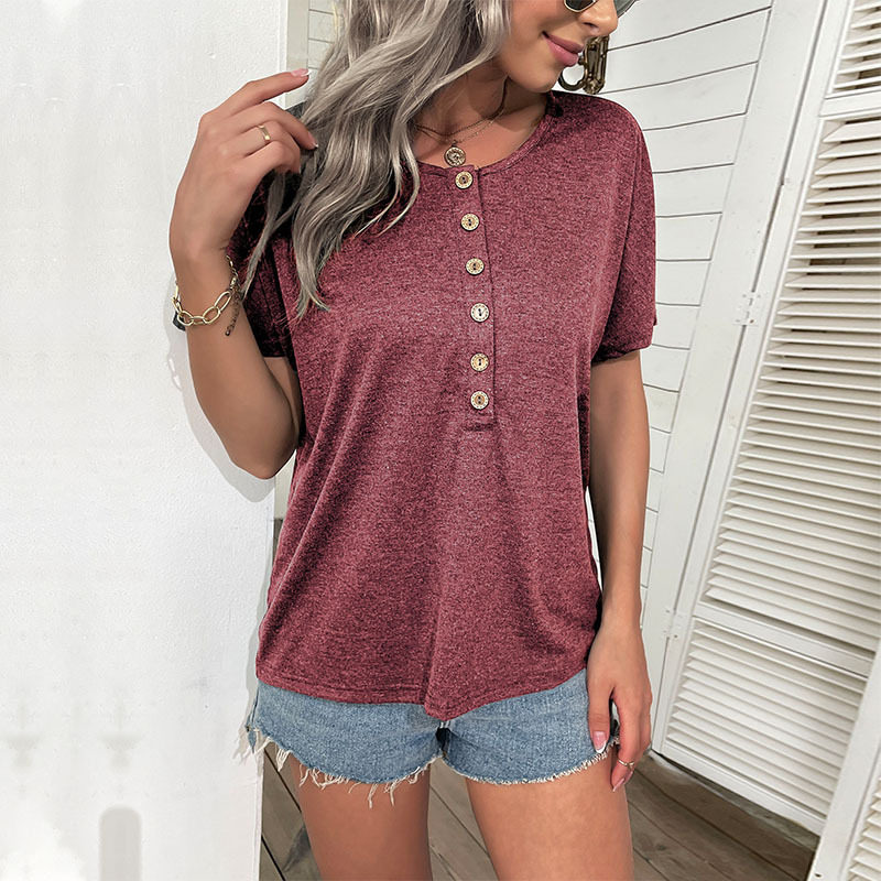 Casual Womens Short Sleeve Top Solid Color European Style Lightweight Fabric Summer Wear Wholesale Available