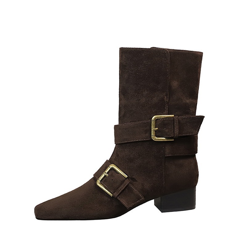 Boot nữ cổ trung mũi vuông khóa thắt lưng gót vừa phong cách retro — màu đen, nâu đậm, quả mơ