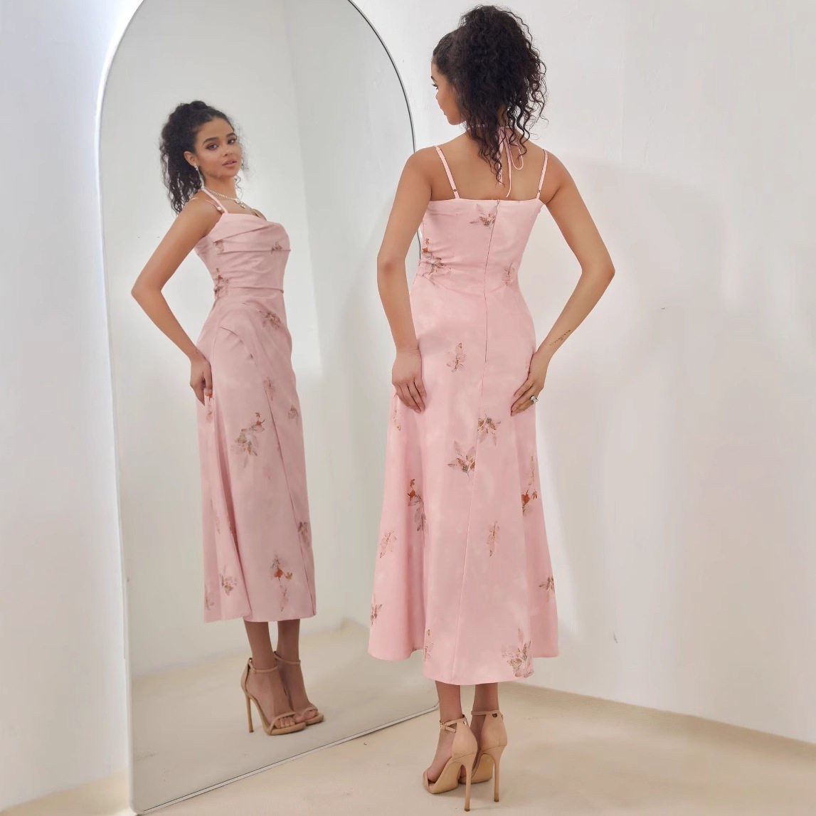 Elegant Pink A Line Midi Dress High Quality Fabric Chic Design Perfect for Spring Summer Events Wholesale Available