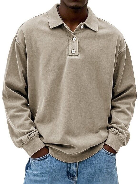 2025 新款跨境亚马逊速卖通春夏季男装长袖POLO衫纯色套头纽扣T恤