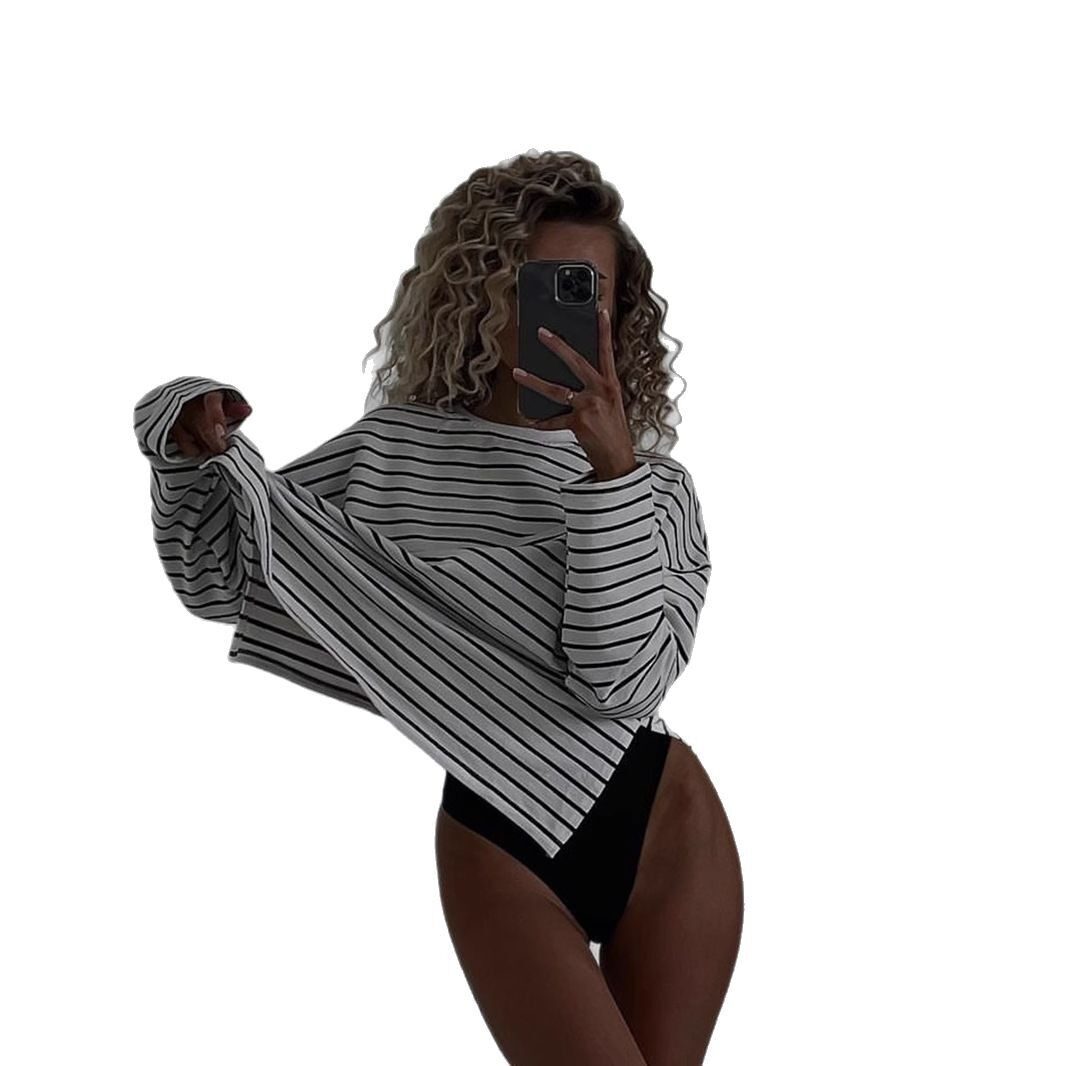 Striped Long Sleeve T Shirt for Women Casual Loose Fit Slimming Design Spring Summer Style Wholesale Available