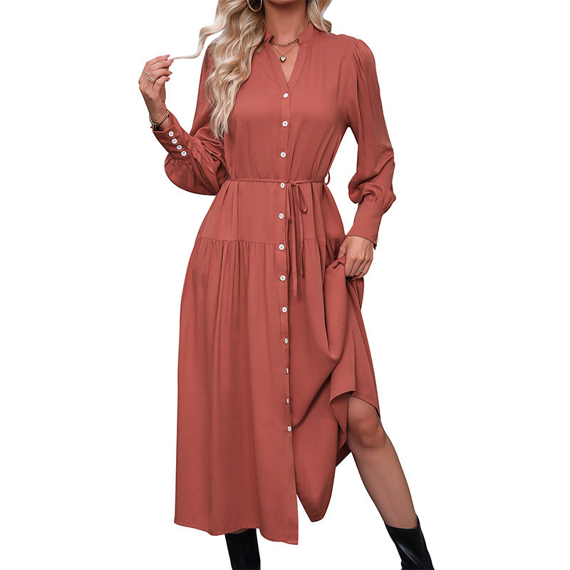 Elegant Vintage Long Sleeve Solid Color Dress Versatile for Spring and Autumn Wholesale Availability