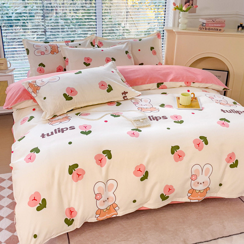New Class a Thickeneded Brushed Four-Piece Set of Small Fresh Bed Sheetss and Quilt Covers for Students Washed Cotton Three-Piece Bedding Set a