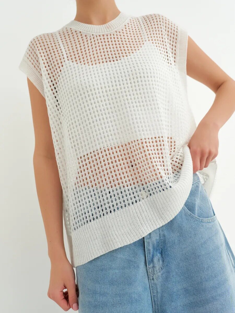 Lace Knit Sweater Vest Lightweight Sheer Round Neck Spring Summer Fall Fashion Wholesale Available