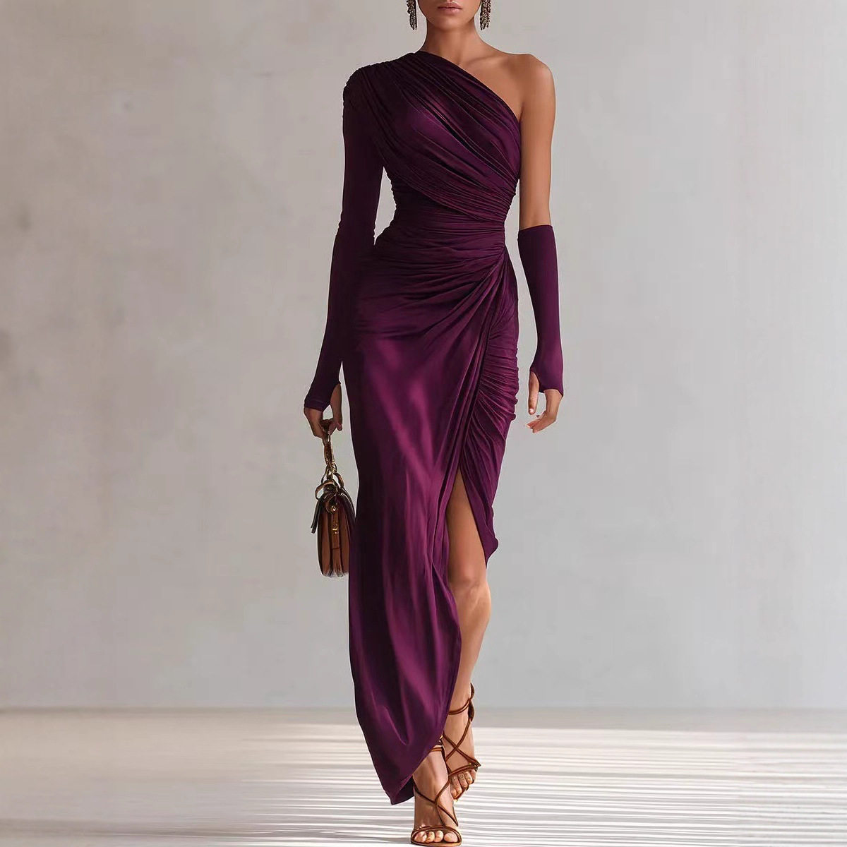 25年春秋新款纯色纹理长袖气质优雅法式连衣裙女