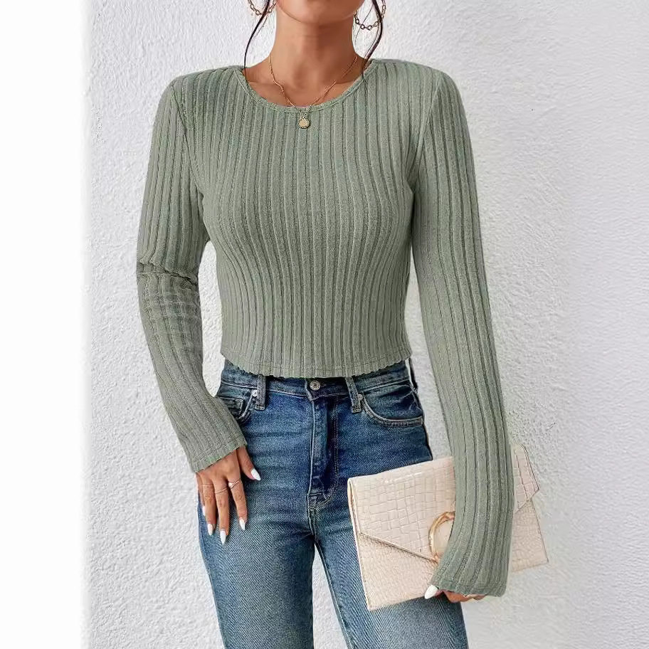 Casual Fitted Sweater Solid Color Round Neck Long Sleeve Autumn Winter Wear Ready to Ship low MOQ