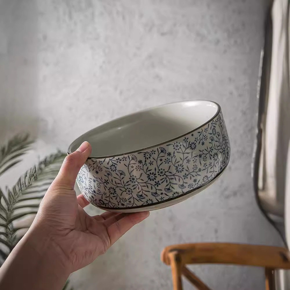 Jixiang Flower Ceramic Large Soup Bowl Straight Body Wide Mouth Noodle Bowl Seafood Soup Bowl Large Ceramic Bowl Household Sweet Soup Bowl