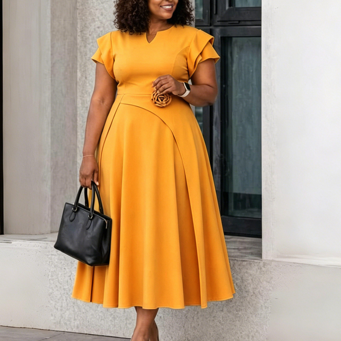 Plus Size Elegant Midi Dress High Waist Flared Skirt African Print Summer Fashion for Women Wholesale Available