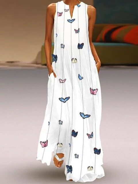 Women's Butterfly Print Printed Vintage Sleeveless Dresses