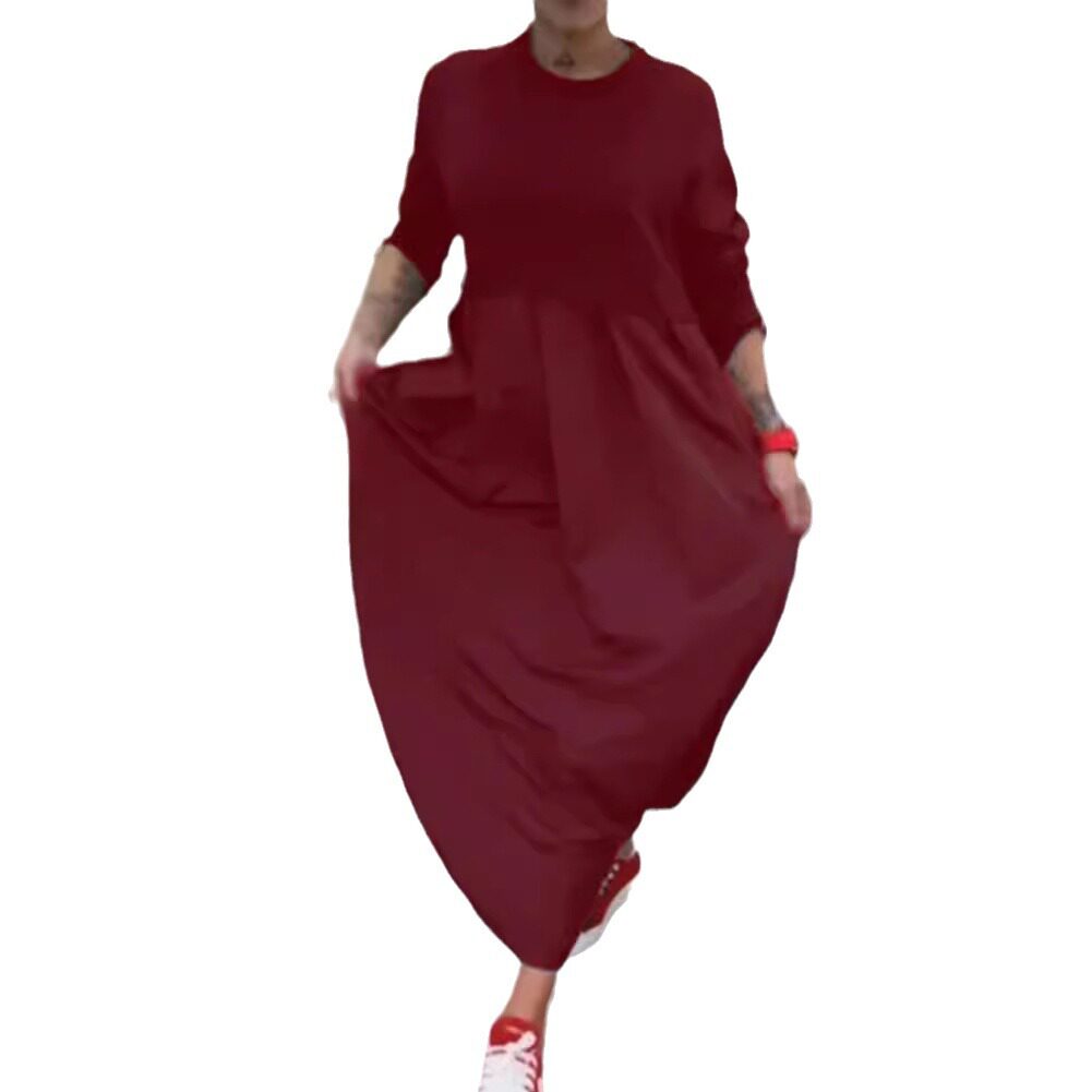 Womens Long Sleeve Solid Color Dress Elegant Fit Round Neck Autumn Winter Style Wholesale Available