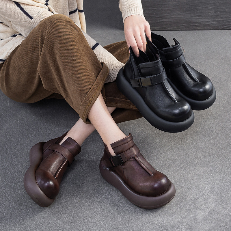 Giày Boot Cổ Thấp Nữ Chất Liệu Da Bò Tăng Chiều Cao Hàng Mùa Xuân Thu Đông Phục Cổ Cổ Điển