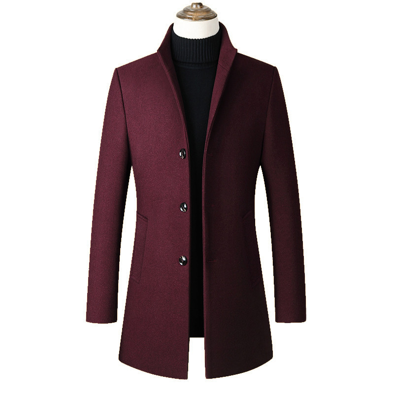 Mens Overcoat Mid Length Single Breasted Design Stand Collar Wool Blend Available in Multiple Colors and Sizes