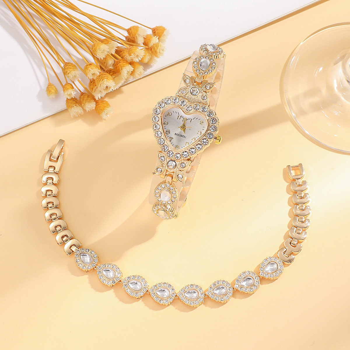 2 pcs/set Spring and Summer Ladies New Love Aurora Dial Diamond Watch Bracelet Gift suit Birthday Gift