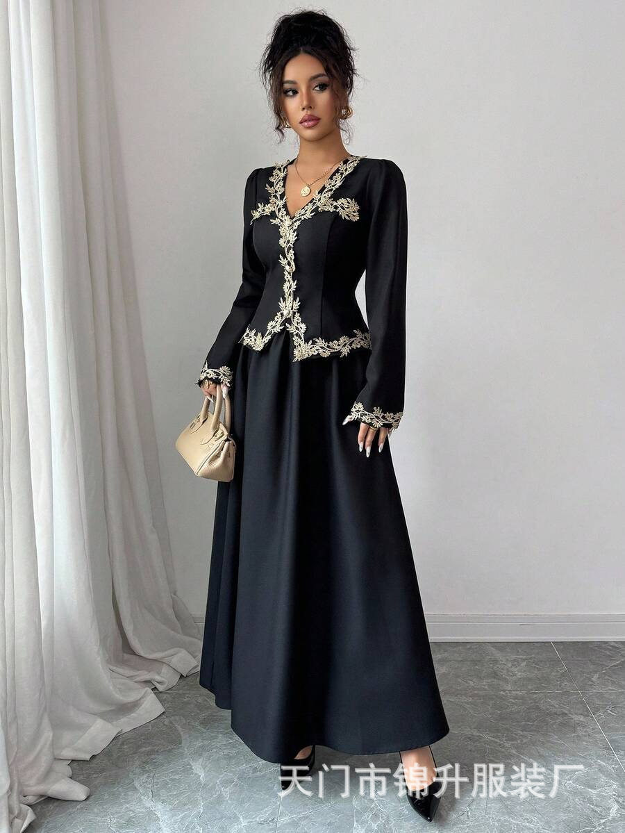 Cross-Border Export Women's Elegant V Neck Embroidered Waist Slimming Look Two-Piece Skirt Suit