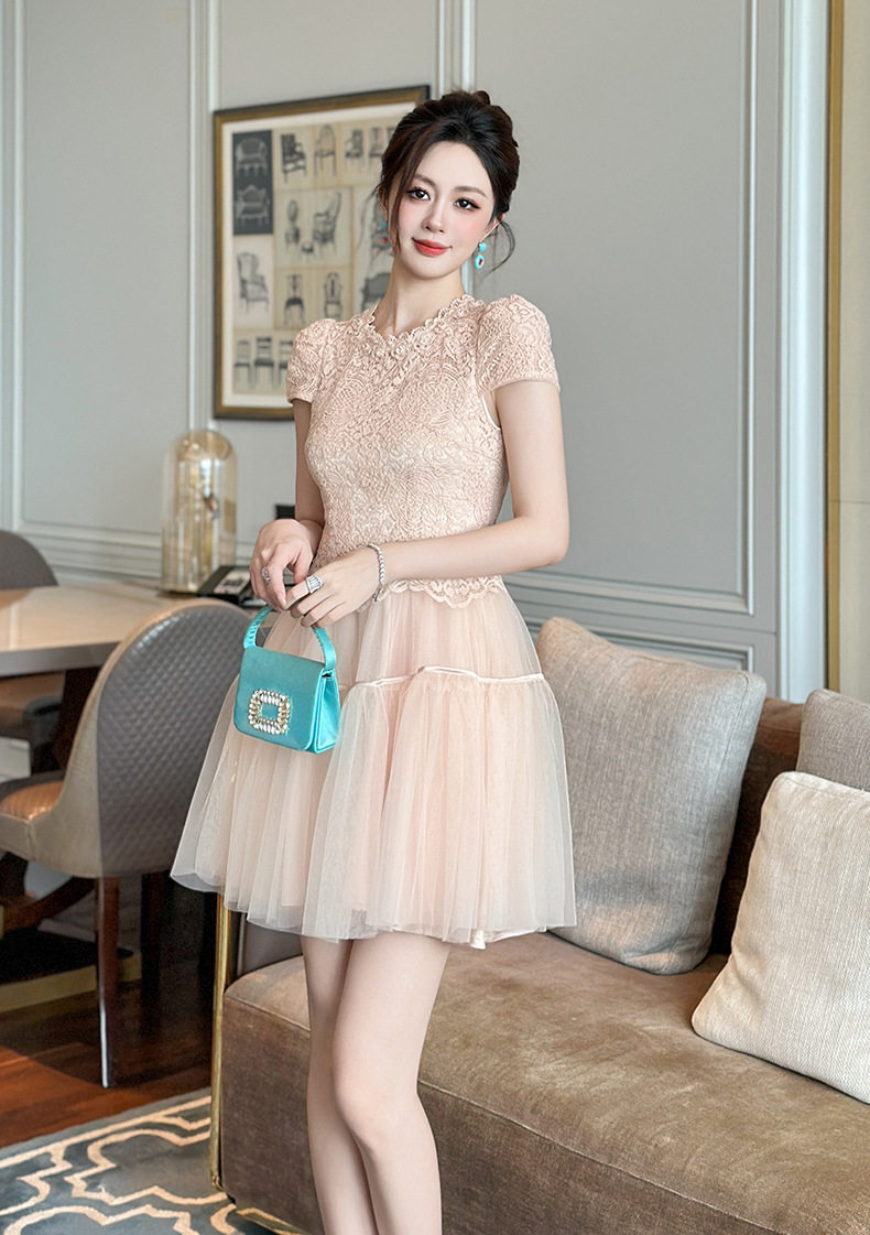 Đầm ren nữ tay ngắn cổ tròn phối lưới dáng suông midi — [Hồng champagne] chi tiết 7