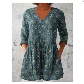 Cross-Border 2025 New European and American 3D Printed European and American Summer Urban Casual V Neck Wave Loose Dress