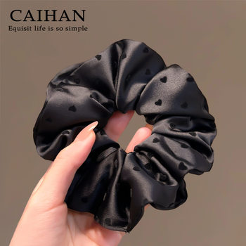 Fashionable High-End Black~Velvet Heart Print Hair Tie, High-End Satin Ball Headband, Feminine Travel Hair Tie