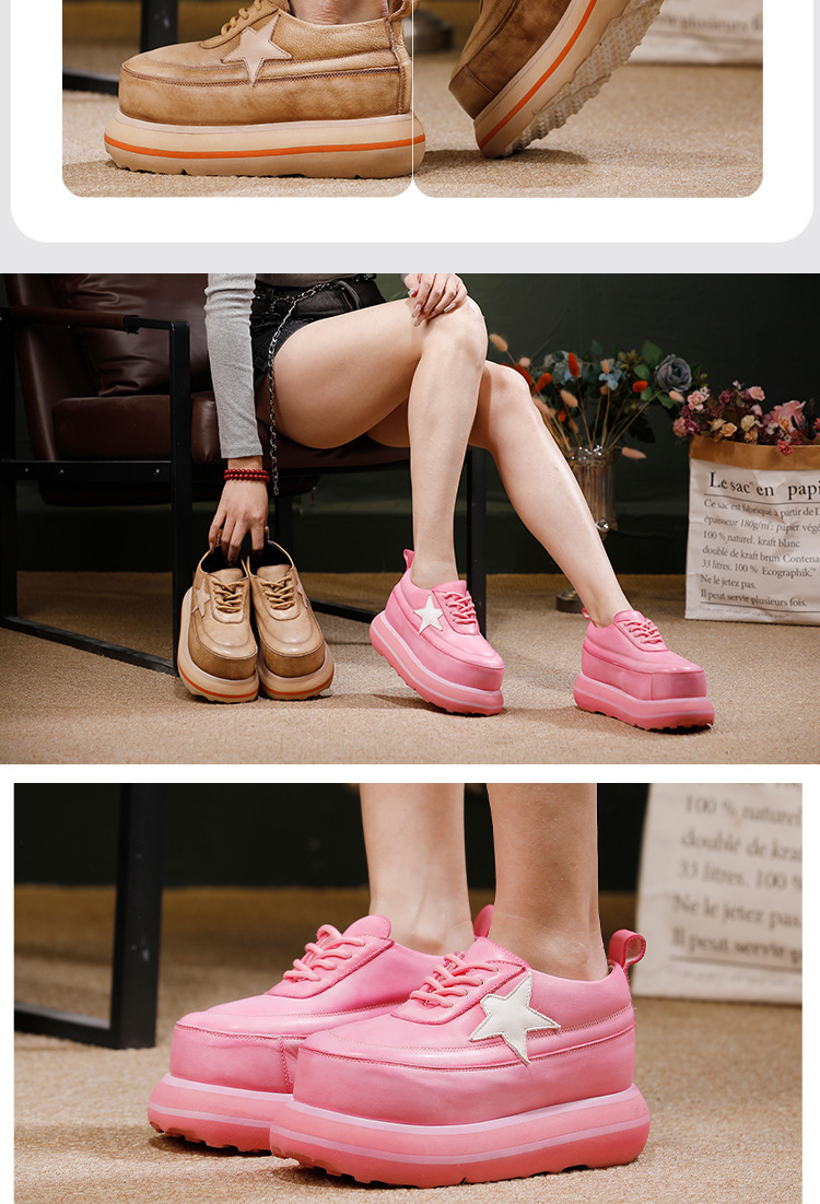 Giày sneaker nữ đế dày cổ thấp mũi tròn dây buộc — Màu hồng, Màu kaki