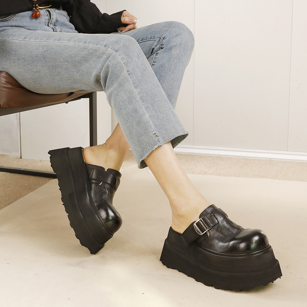 Dép sandal nữ bít mũi da bò đế dày êm chân — Màu đen, Màu đỏ, Màu kaki