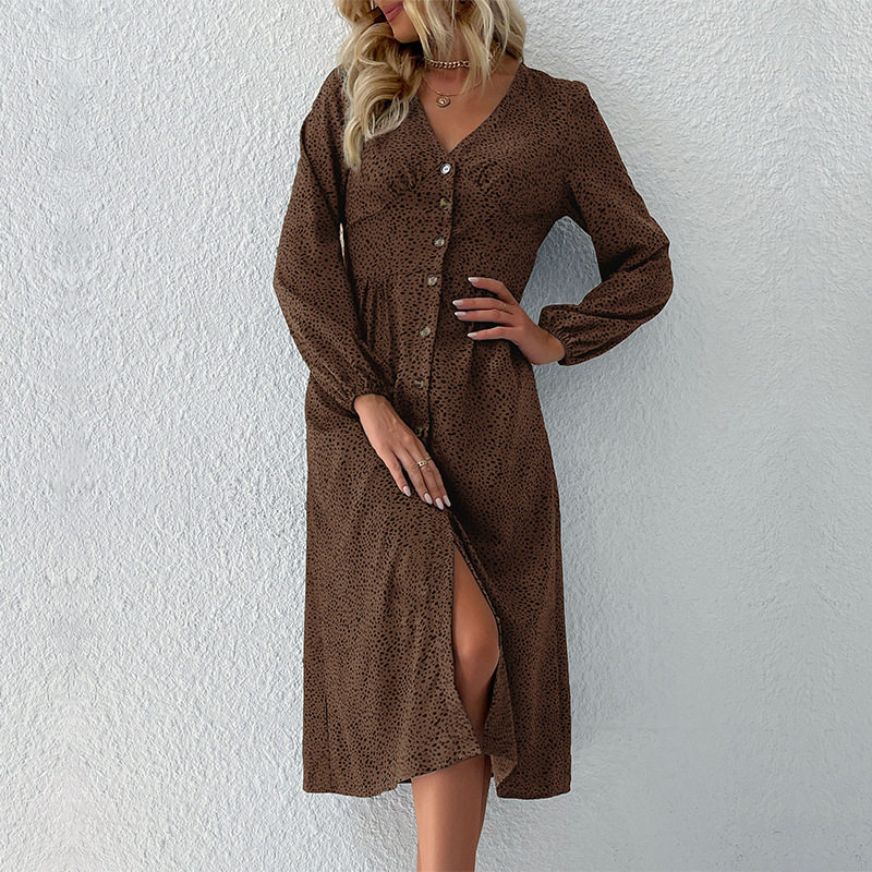 Fashionable Womens Long Sleeve Dress V Neck Single Breasted Elegant Design Autumn Wear Wholesale Available
