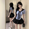 Internet Celebrity Sexy Navy Collar Color-Blocked Slimming Look Pullover T-Shirt Top + Puffy Skirt Jk Uniform Two-Piece Set
