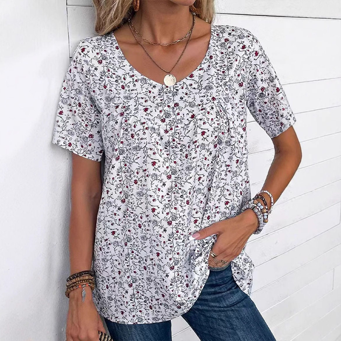 Elegant Floral Print V Neck Short Sleeve Blouse Summer Style Perfect for Casual Outings Wholesale Available