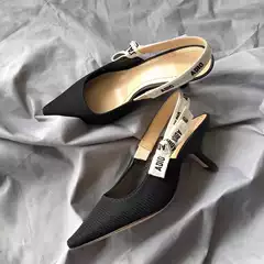 D Brand New Letter Bowknot Kitten Heel High Heels Women's Casual Knitted Striped Pointed Open-Back Sandals Women