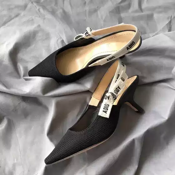 D Brand New Letter Bowknot Kitten Heel High Heels Women's Casual Knitted Striped Pointed Open-Back Sandals Women