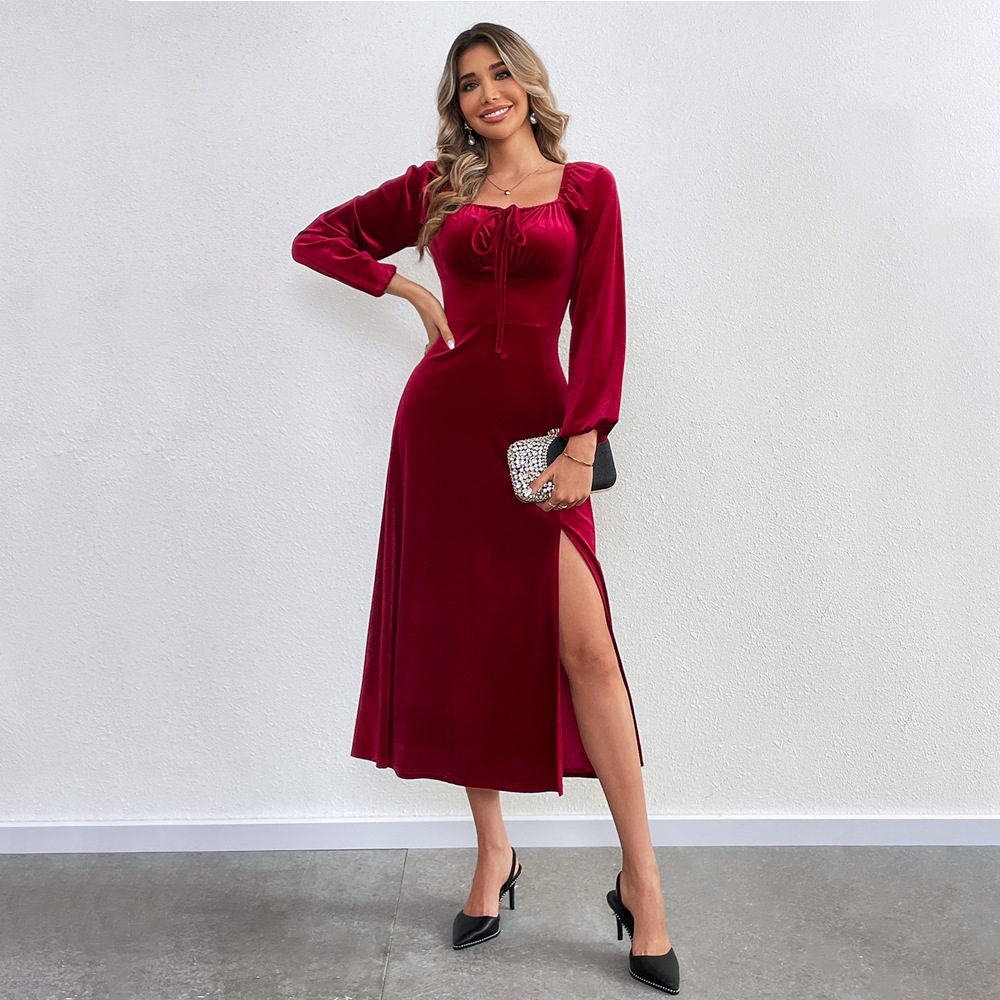 Velvet Long Sleeve Dress Sexy Split Design Waist Cinching Square Neck Puff Sleeves Evening Party Wear Wholesale