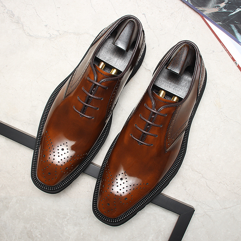 Giày da nam buộc dây đế dày họa tiết brogue mũi vuông — đen, màu