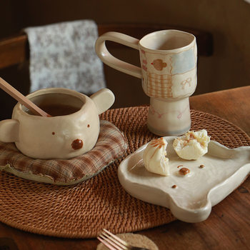 Korean Cute Bear Tableware Set Household Cream Style Ceramic Underglaze Color One-Person Hand-Kneaded Tableware Breakfast Plate