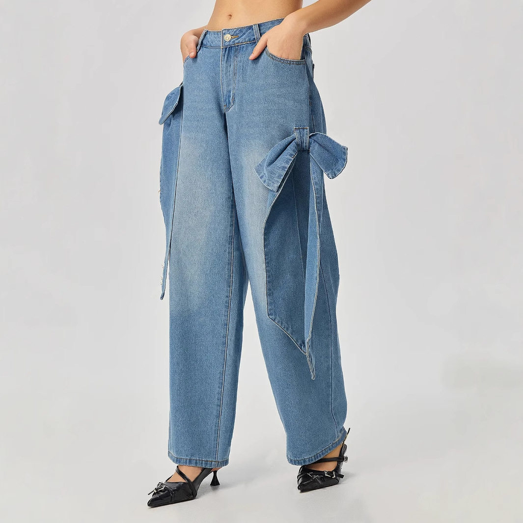 Wide Leg Denim Pants with Bow Detail Street Style Casual Wear Available for Wholesale custom packaging