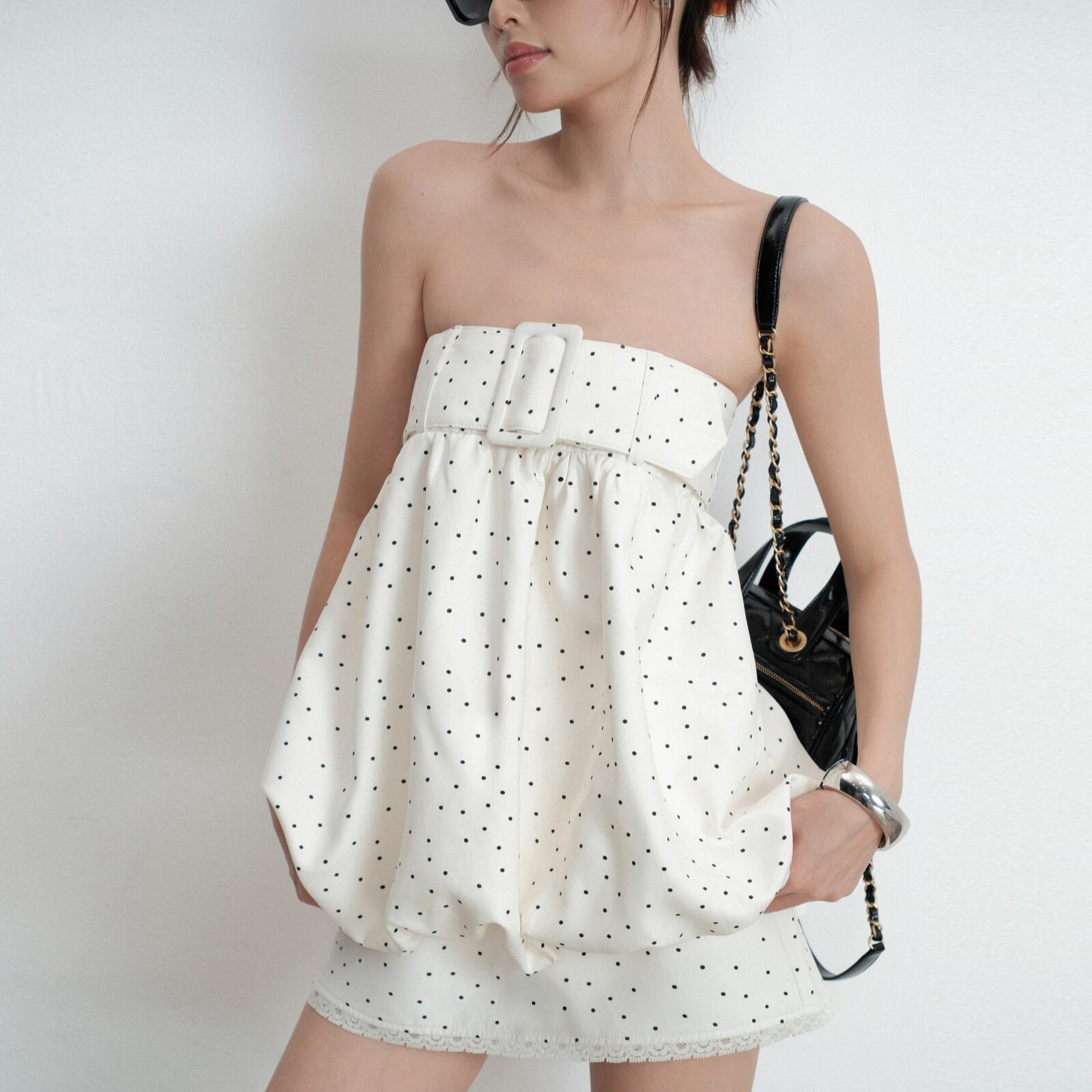 Chic Polka Dot Print Strapless Mini Dress Backless Design Sexy Style Spring Collection Wholesale Available