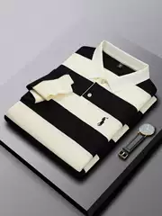 7600 Version of the Classic Money-Style Striped T-Shirt, Business Casual Embroidered Lauren Horse Logo Long-Sleeve Polo Shirt for Men