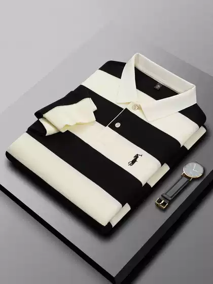 7600 Version of the Classic Money-Style Striped T-Shirt, Business Casual Embroidered Lauren Horse Logo Long-Sleeve Polo Shirt for Men