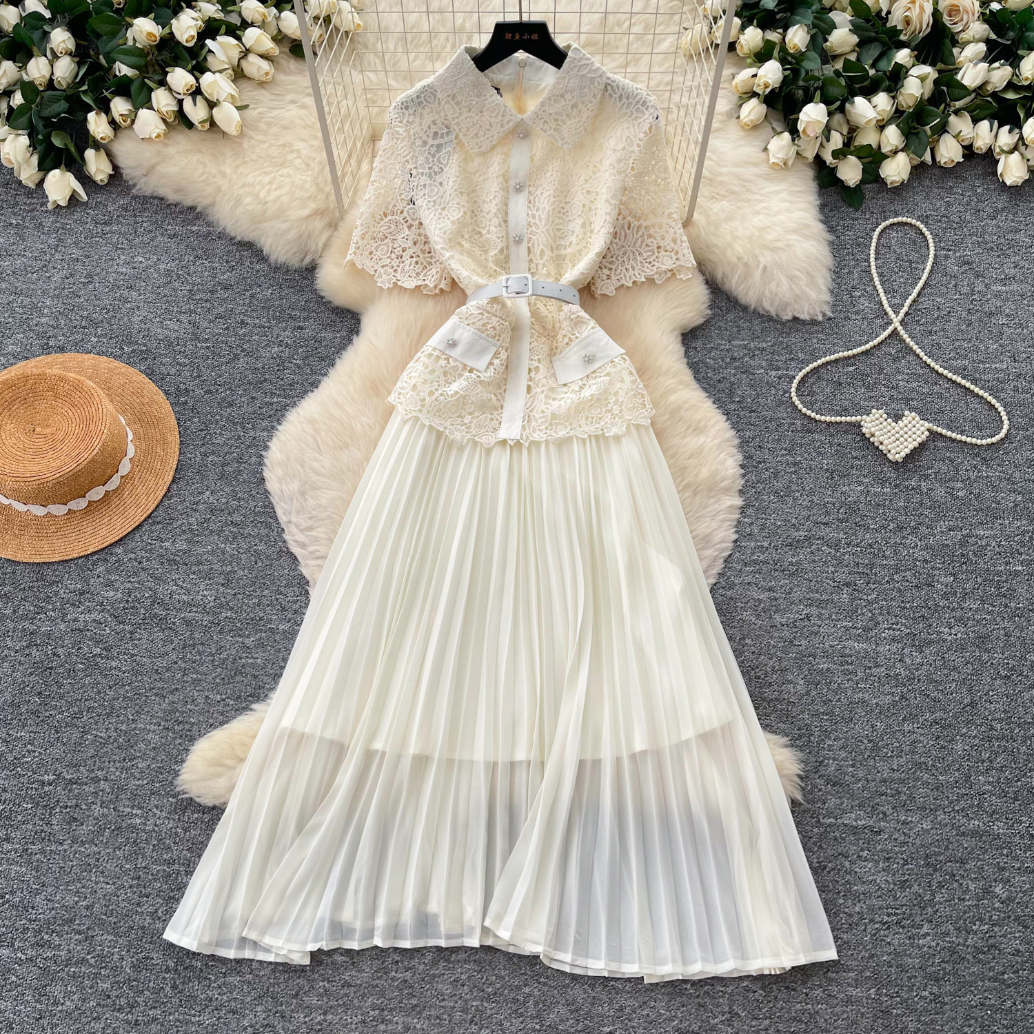 A Line Lace Panel Dress Summer Waist Defining Pleated Elegant Perfect for Work or Casual Occasions Wholesale