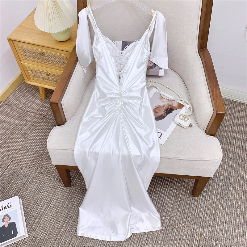 Đầm ôm body nữ cổ chữ V không tay phối ren thêu — Trắng chim bay