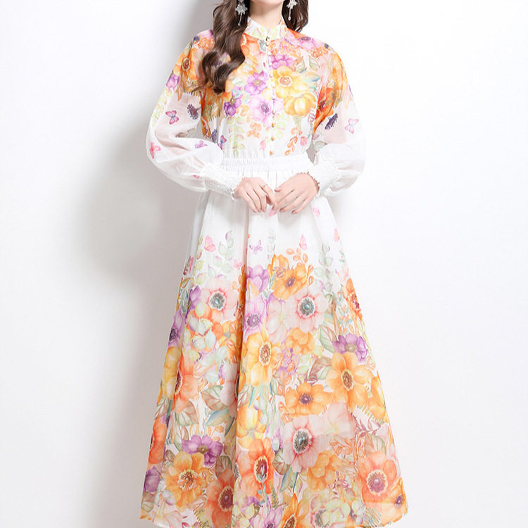 Floral Print Two Piece Set Slim Fit Shirt with Stand Collar Lantern Sleeves High Waisted Maxi Skirt for Vacation Wear