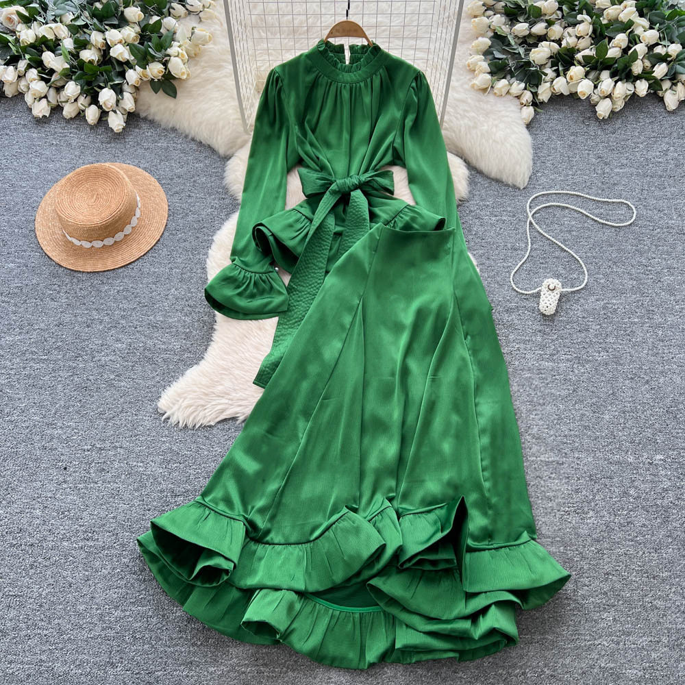 Womens Satin Long Sleeve Top with Tie Waist High Waist Flared Ruffle Hem Skirt Elegant Fall Two Piece Set Wholesale