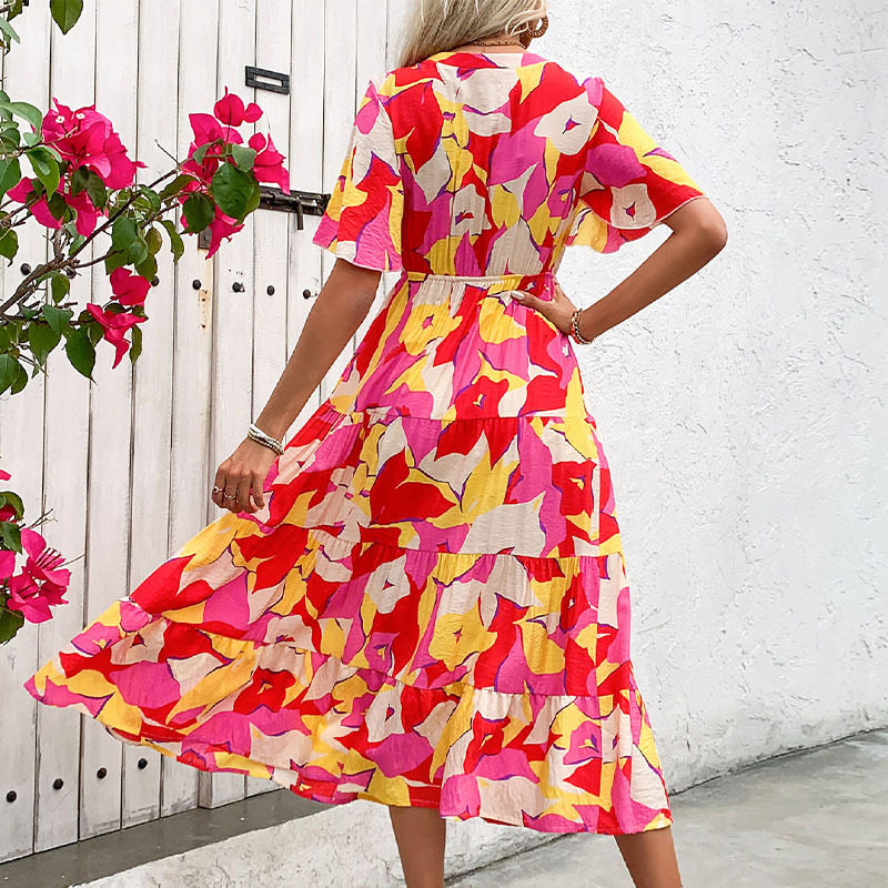 Abstract Print Ruffled Sleeve Cardigan Dress Vibrant Romantic Casual Style Perfect for Spring Summer Events