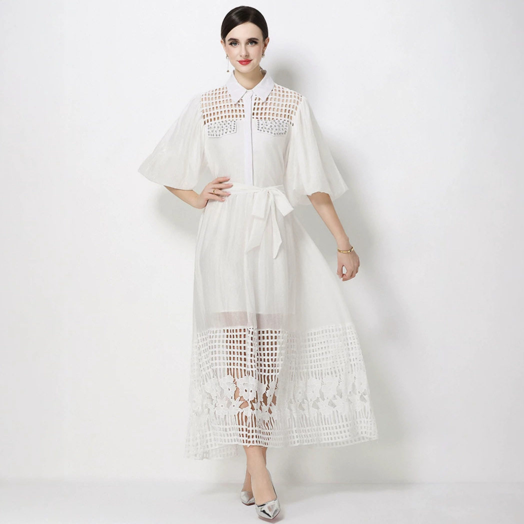 French Elegant Lace Long Dress Beaded Hollow Puff Sleeves High End Sophisticated Style for Special Occasions