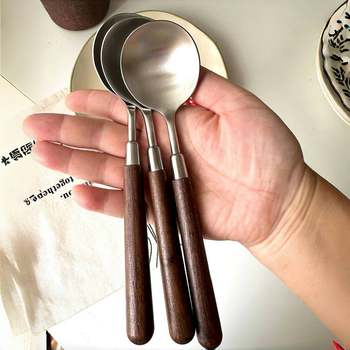Imitation Walnut Handle Spoon Stainless Steel Tableware Spoon Western Food Spoon Household Dining Spoon Soup Spoon Vintage Small Round Spoon